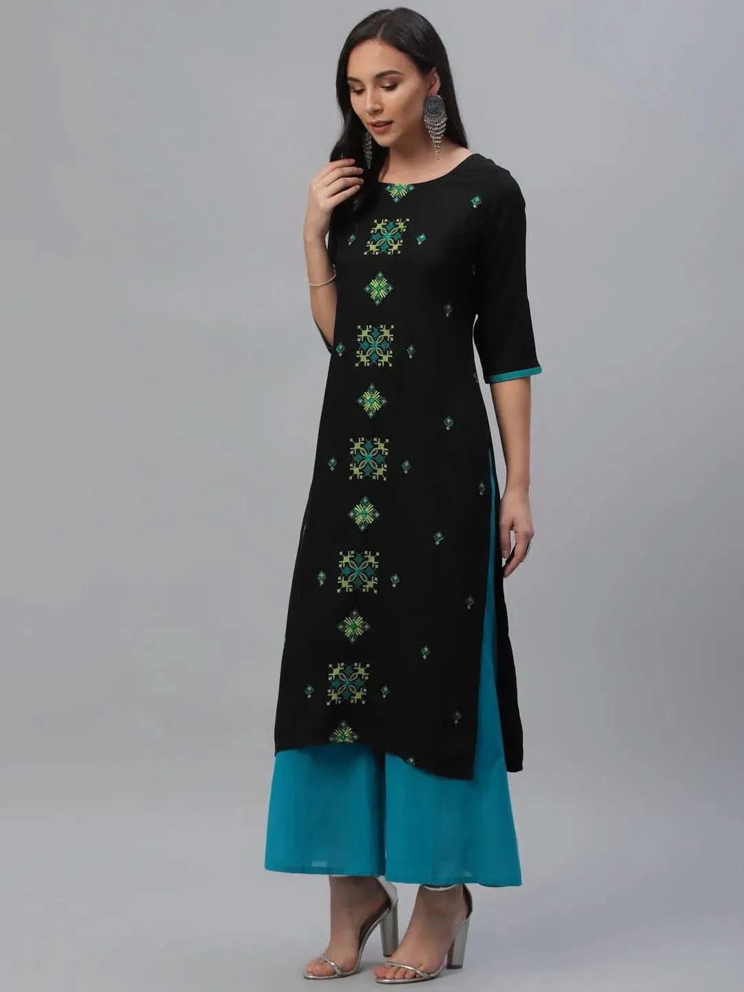 Libas Black Embroidered Rayon Kurta