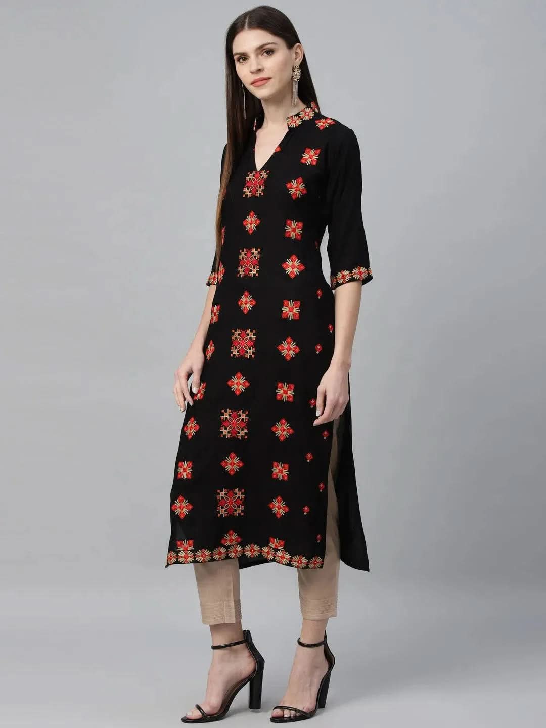 Libas Black Embroidered Rayon Kurta