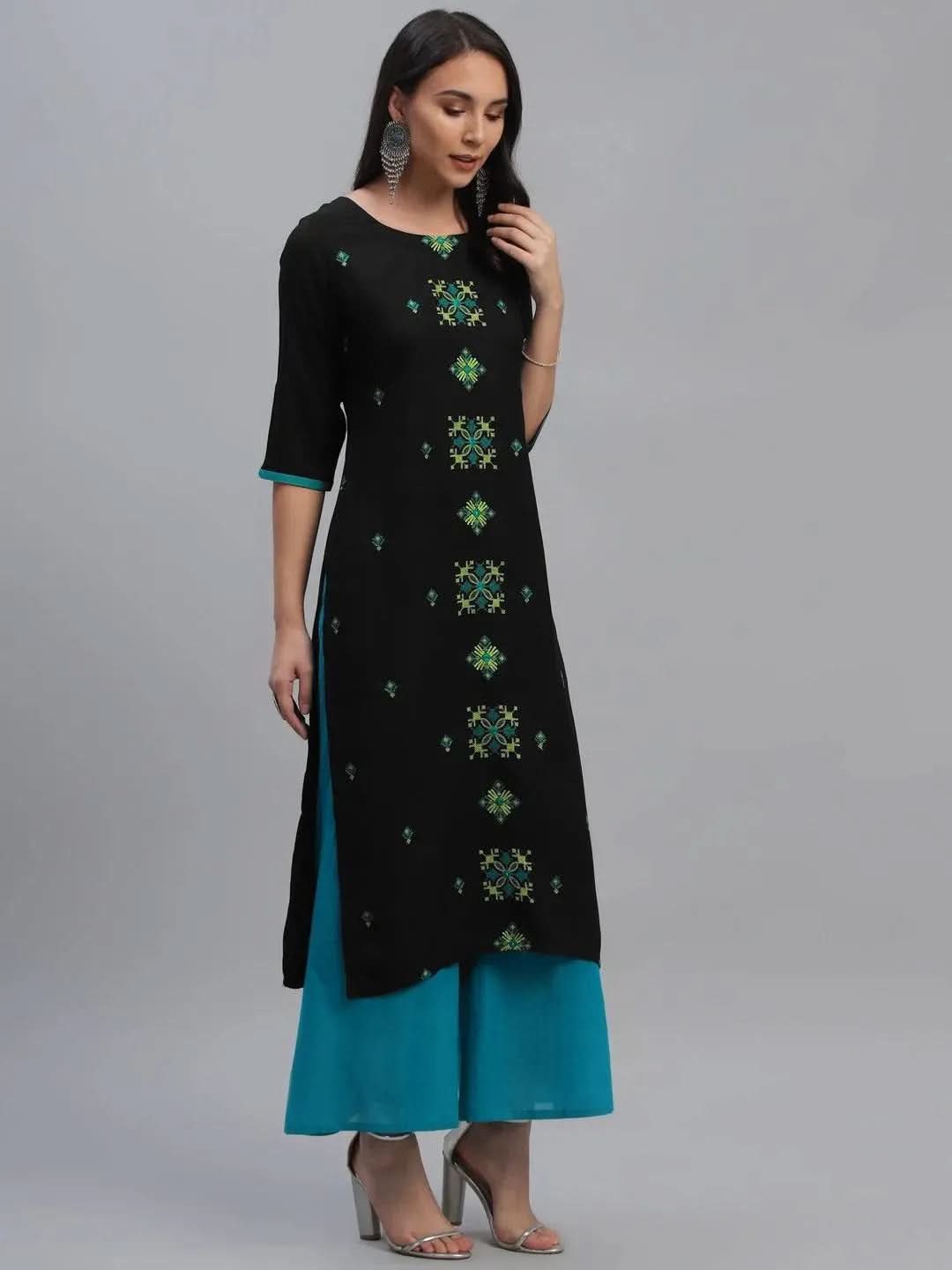 Libas Black Embroidered Rayon Kurta