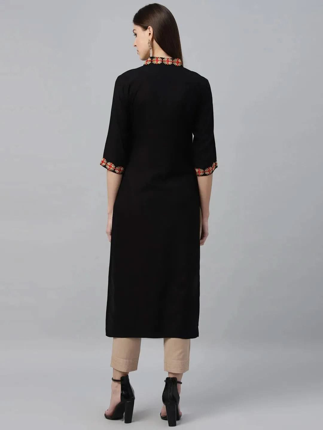 Libas Black Embroidered Rayon Kurta