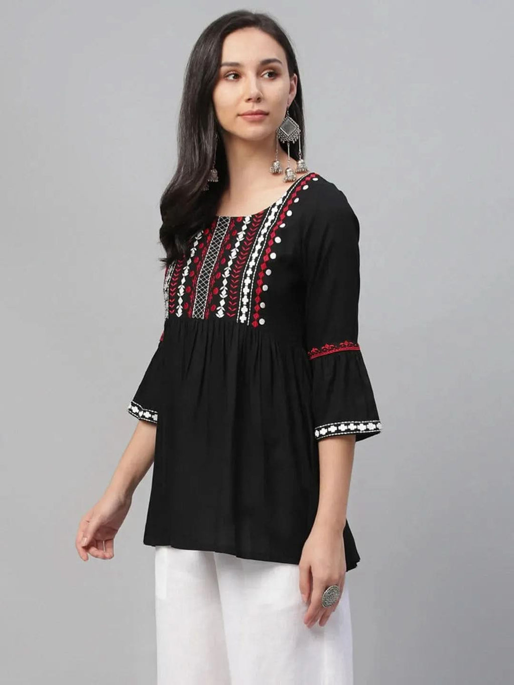 Libas Black Embroidered Rayon Kurti