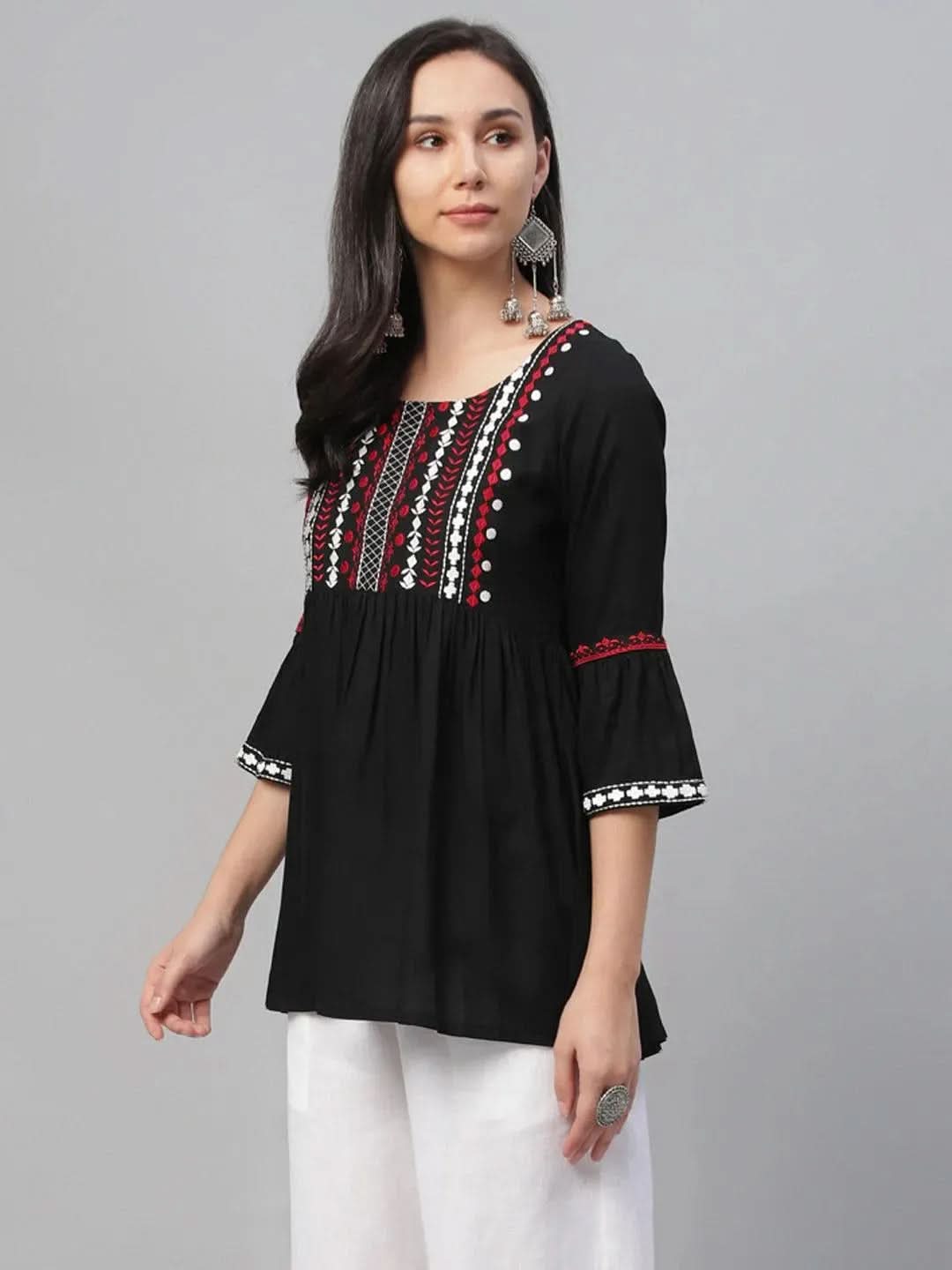 Libas Black Embroidered Rayon Kurti