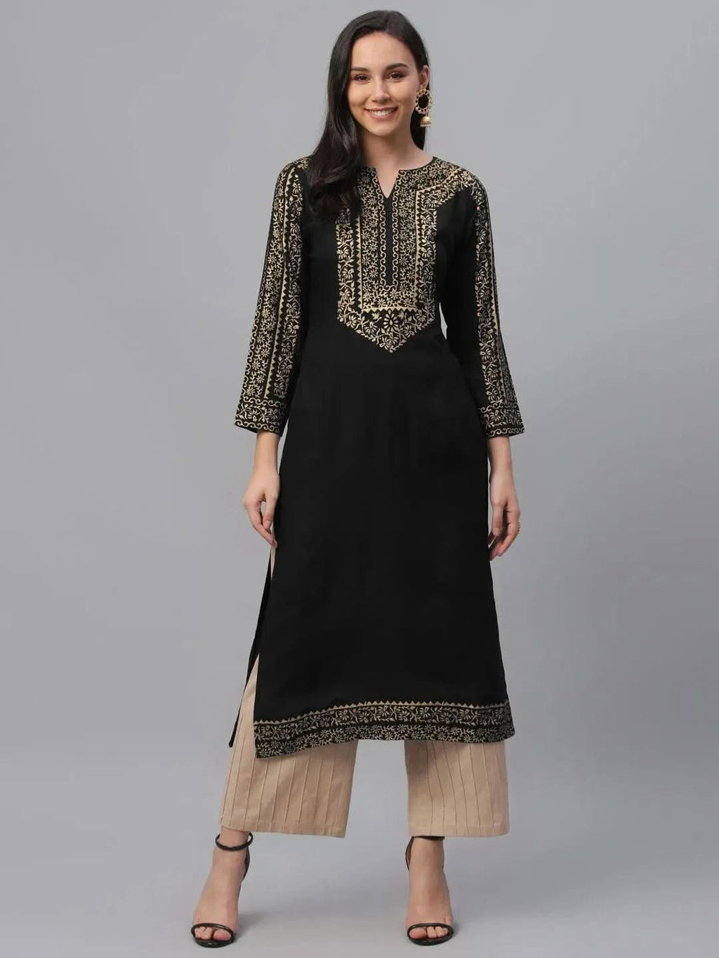 Libas Black Printed Rayon Kurta