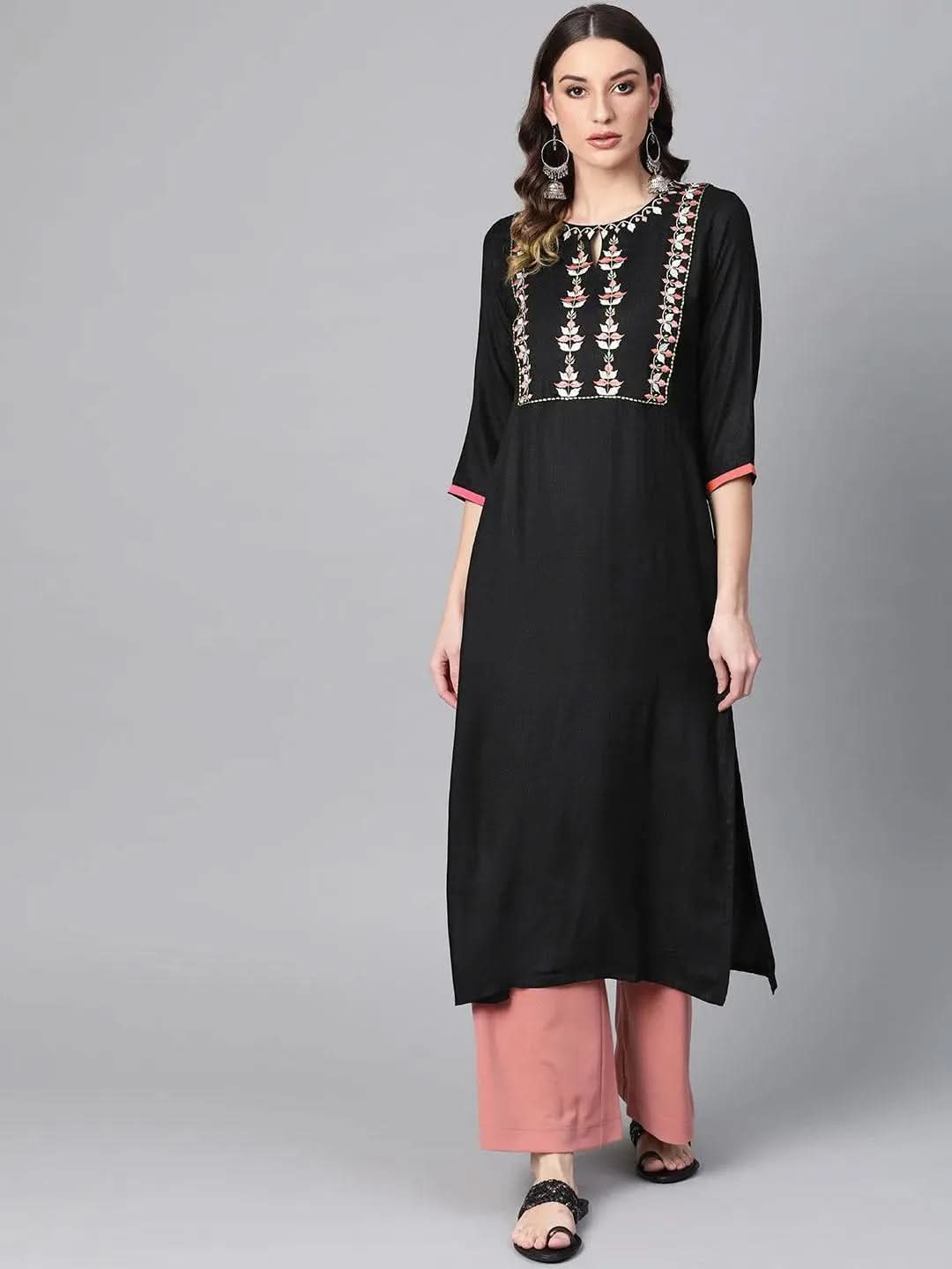 Libas Black Printed Rayon Kurta