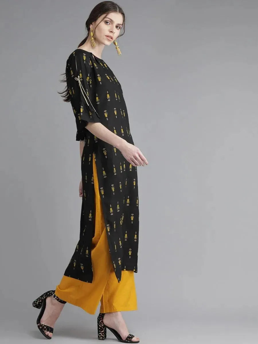 Libas Black Printed Rayon Kurta