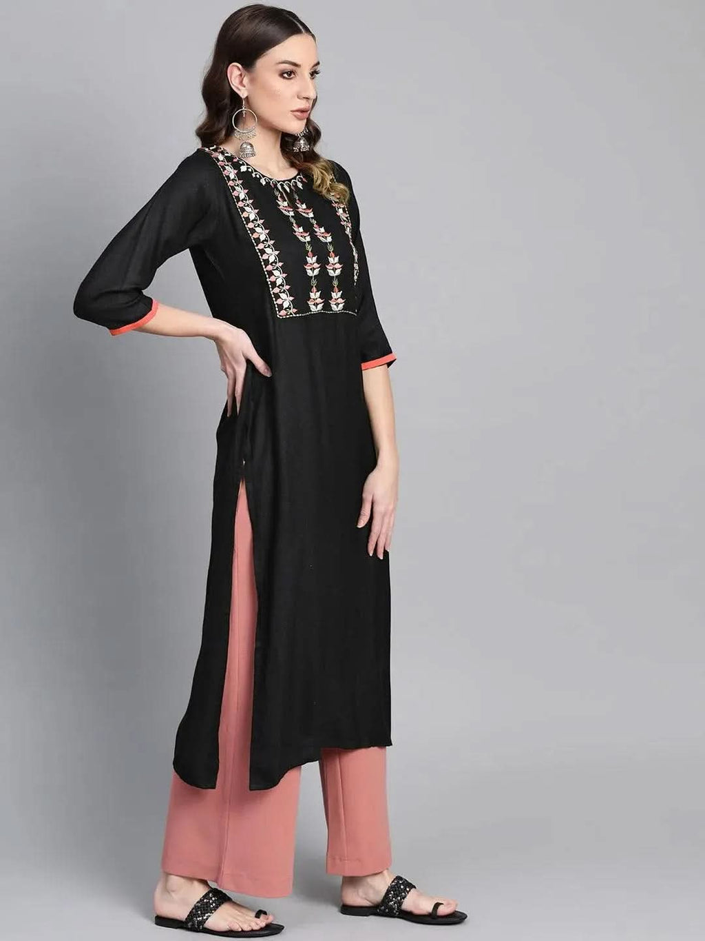 Libas Black Printed Rayon Kurta
