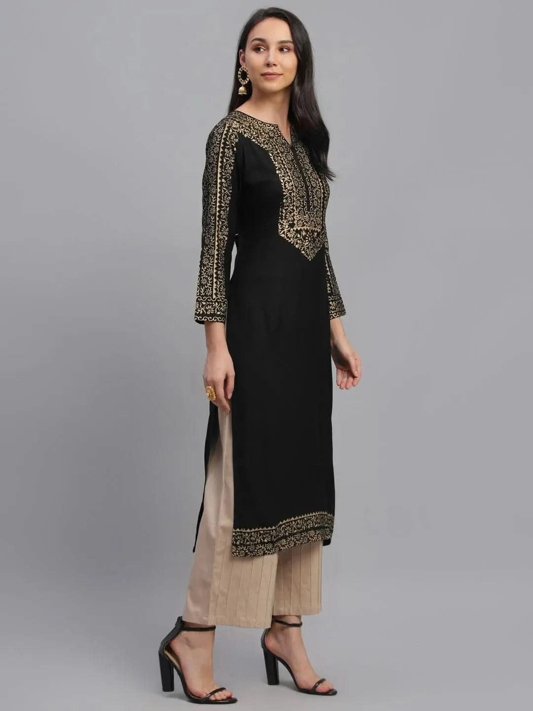 Libas Black Printed Rayon Kurta