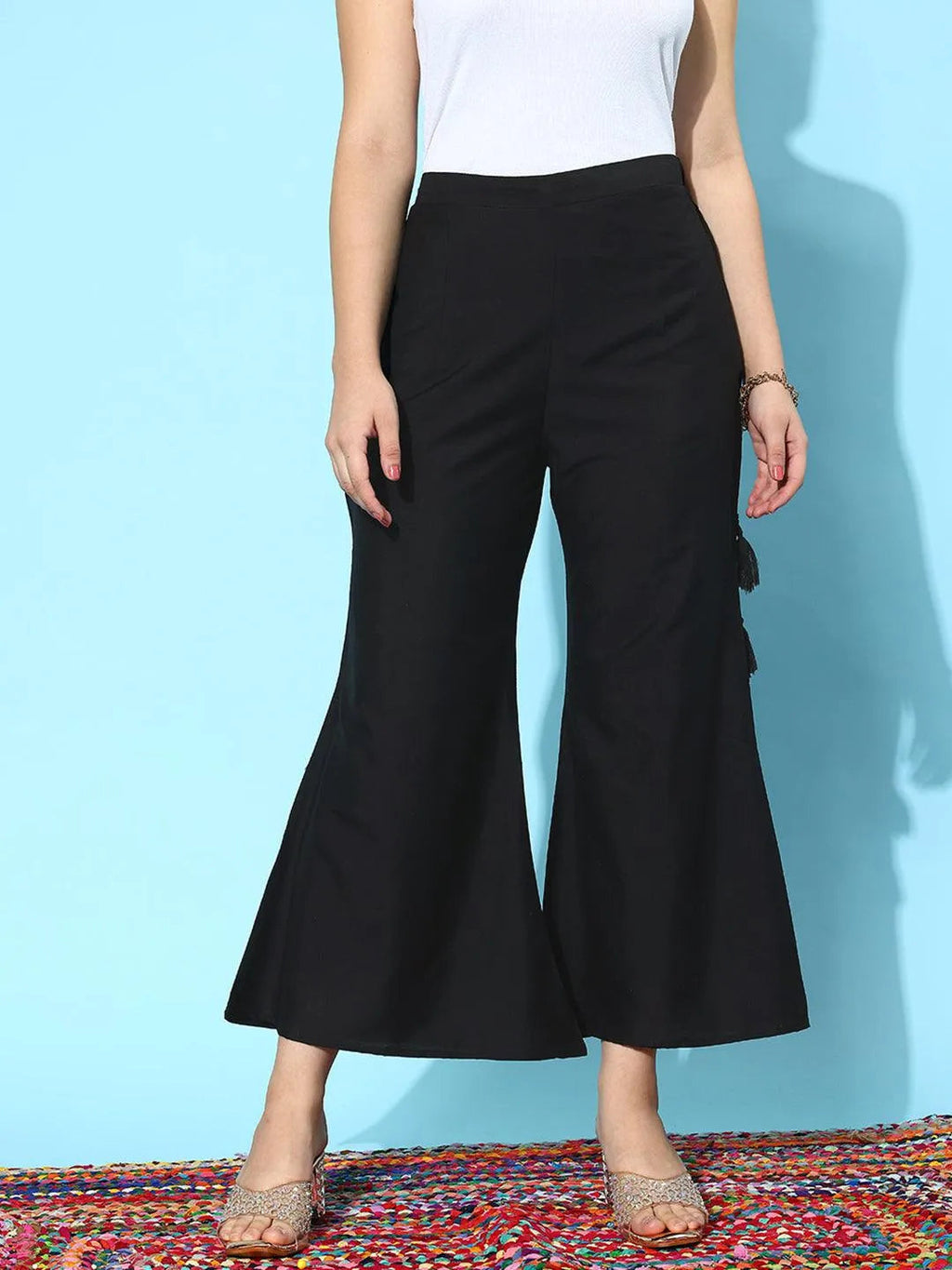 Libas Black Solid Silk Palazzos