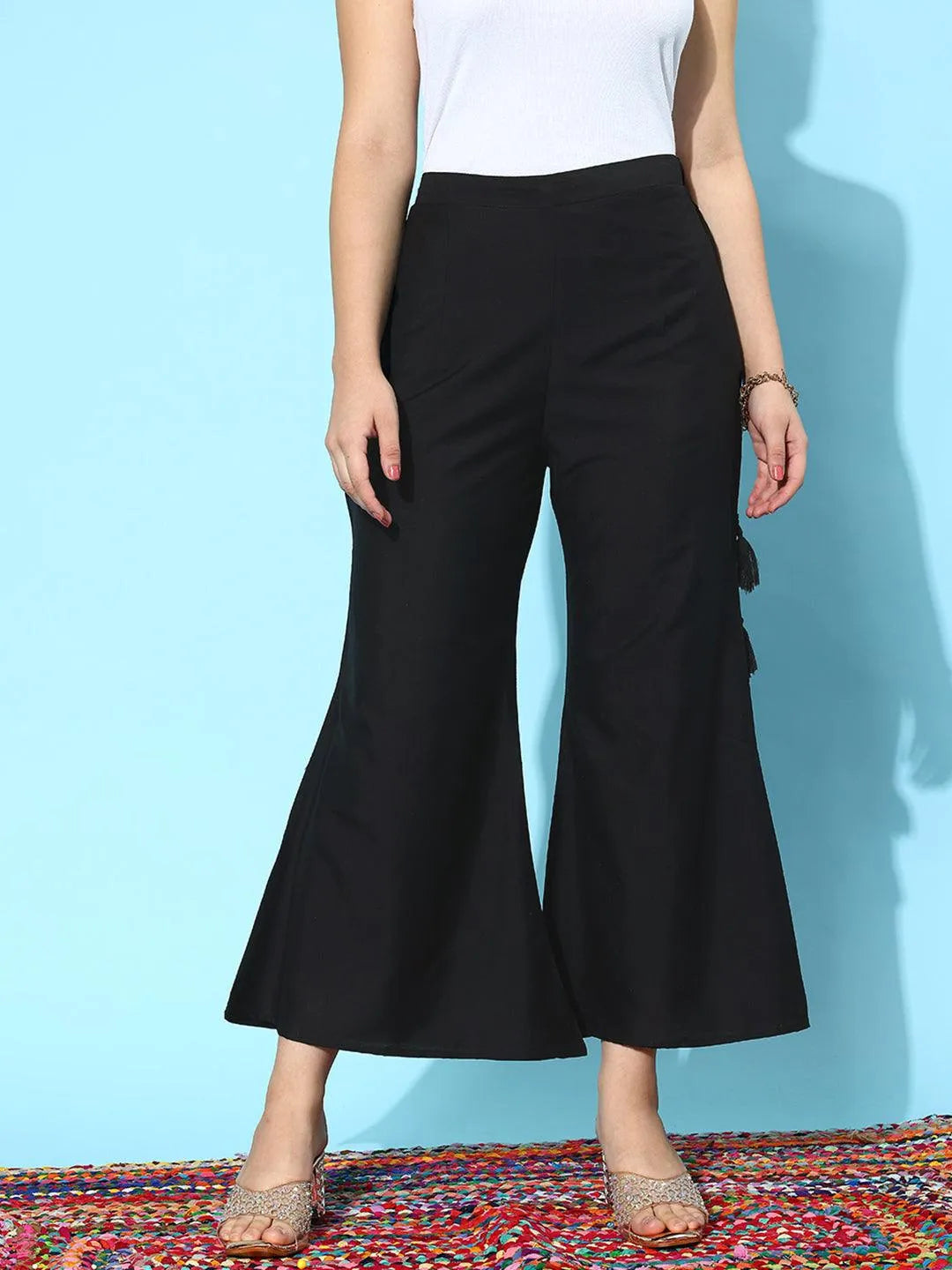 Libas Black Solid Silk Palazzos