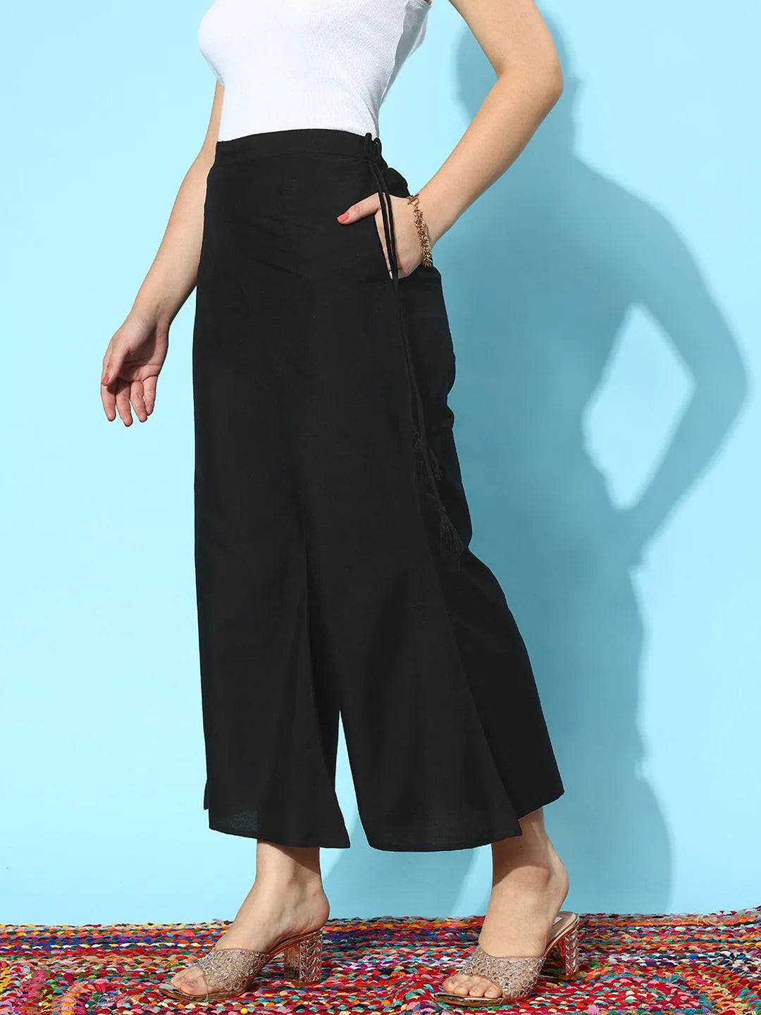 Libas Black Solid Silk Palazzos