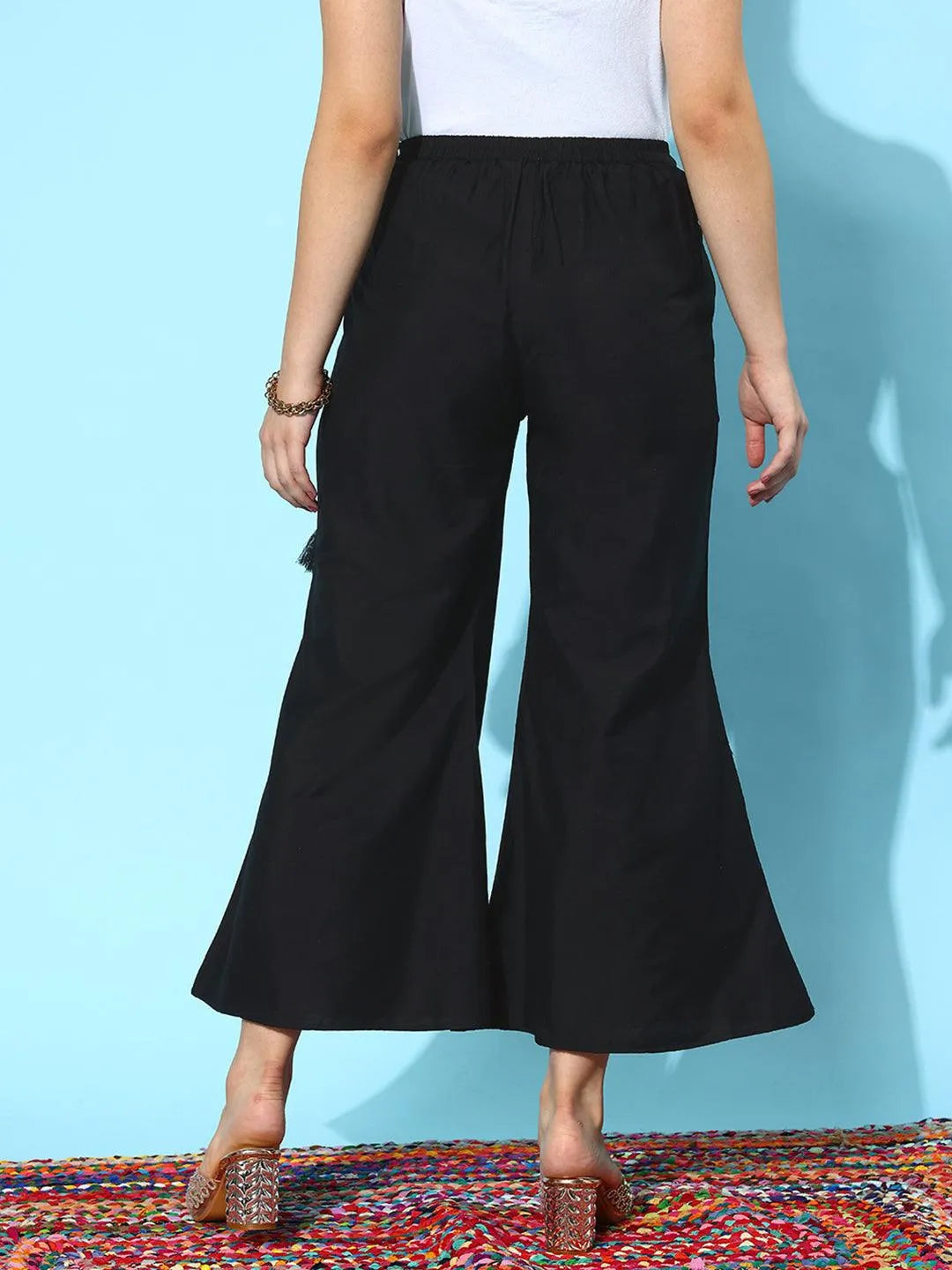 Libas Black Solid Silk Palazzos