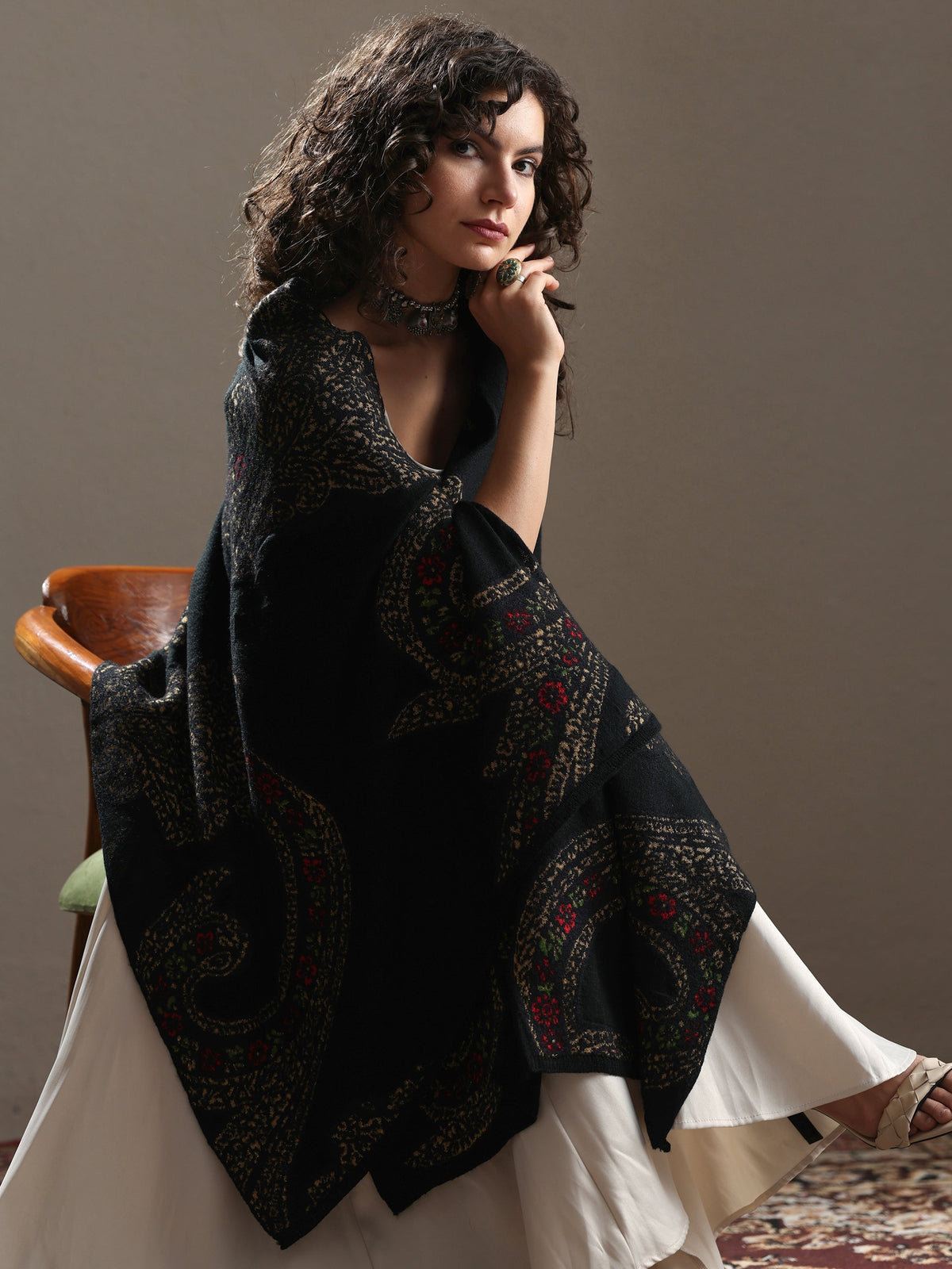 Libas Black Woven Design Wool Women's Shawl
