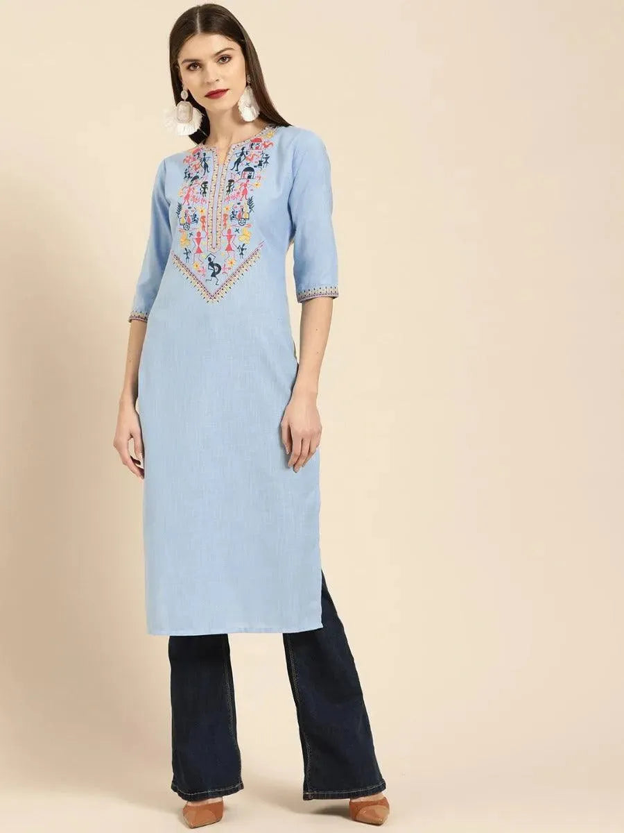 Libas Blue Embroidered Linen Kurta