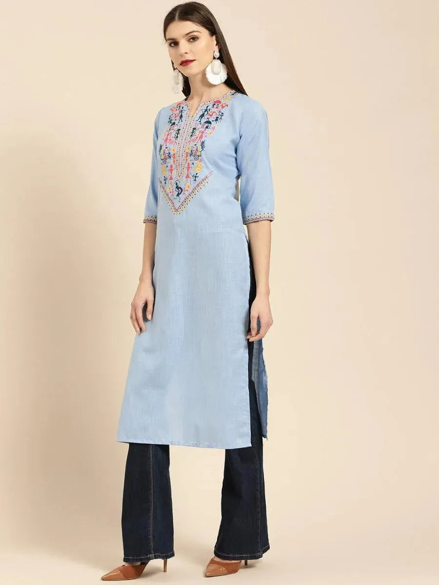 Libas Blue Embroidered Linen Kurta