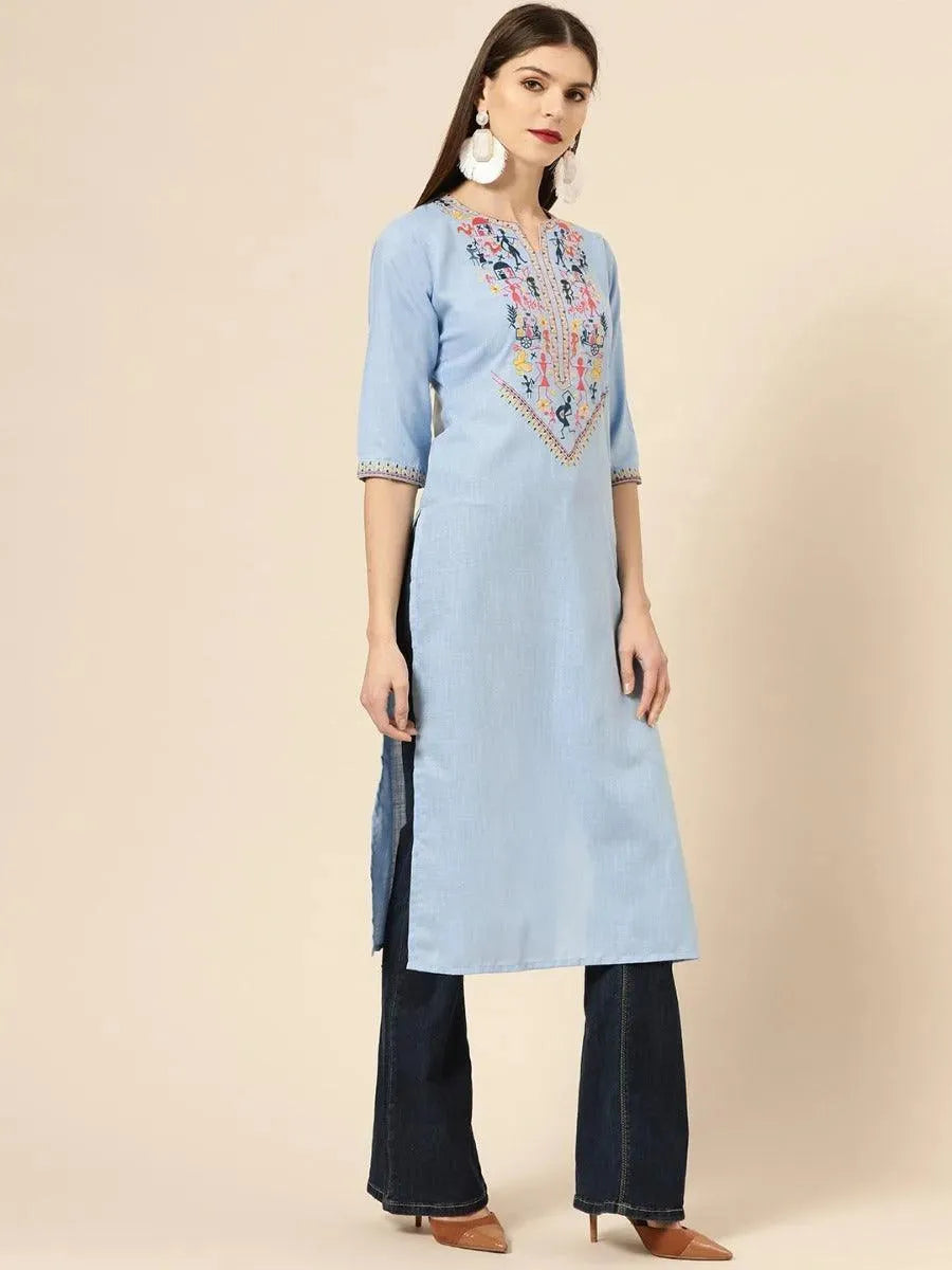 Libas Blue Embroidered Linen Kurta