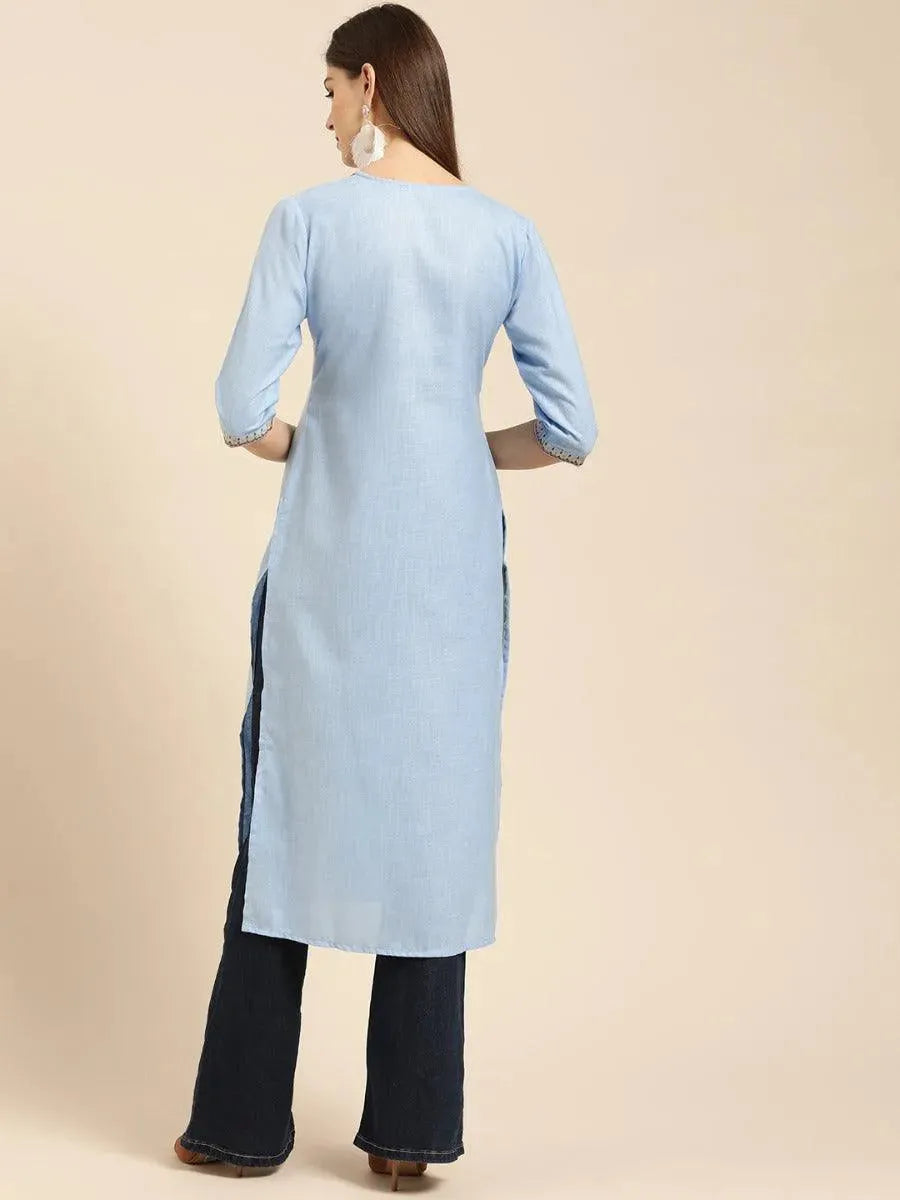 Libas Blue Embroidered Linen Kurta