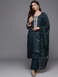 Gerua Blue Embroidered Silk Blend Straight Suit With Dupatta