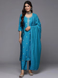 Gerua Blue Embroidered Silk Blend Straight Suit With Dupatta