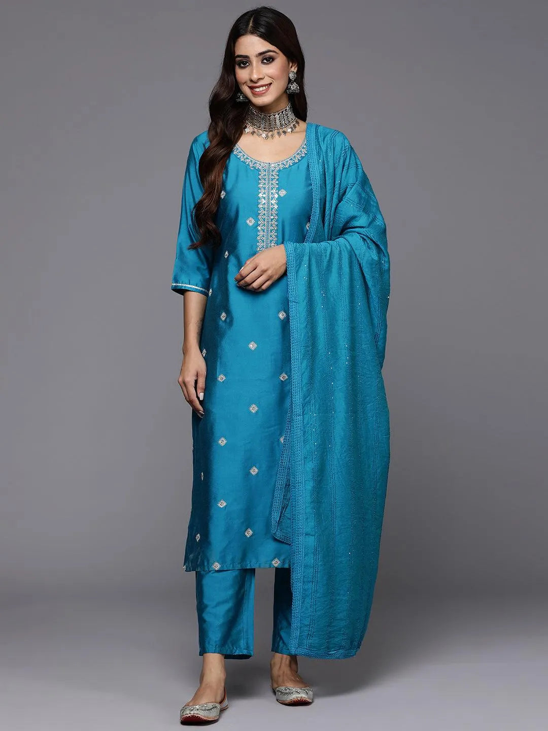 Gerua Blue Embroidered Silk Blend Straight Suit With Dupatta