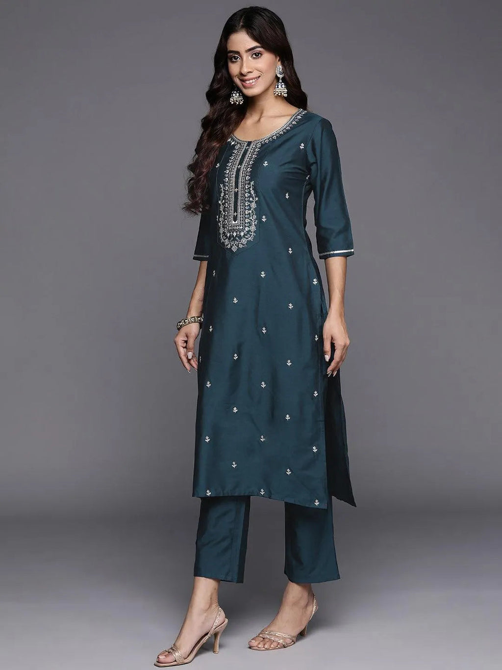 Gerua Blue Embroidered Silk Blend Straight Suit With Dupatta