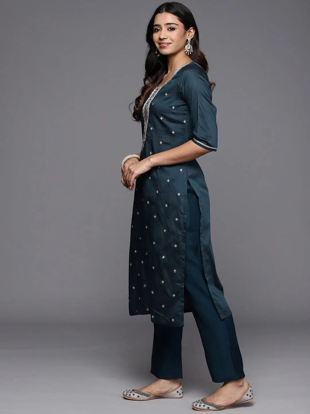 Gerua Blue Embroidered Silk Blend Straight Suit With Dupatta