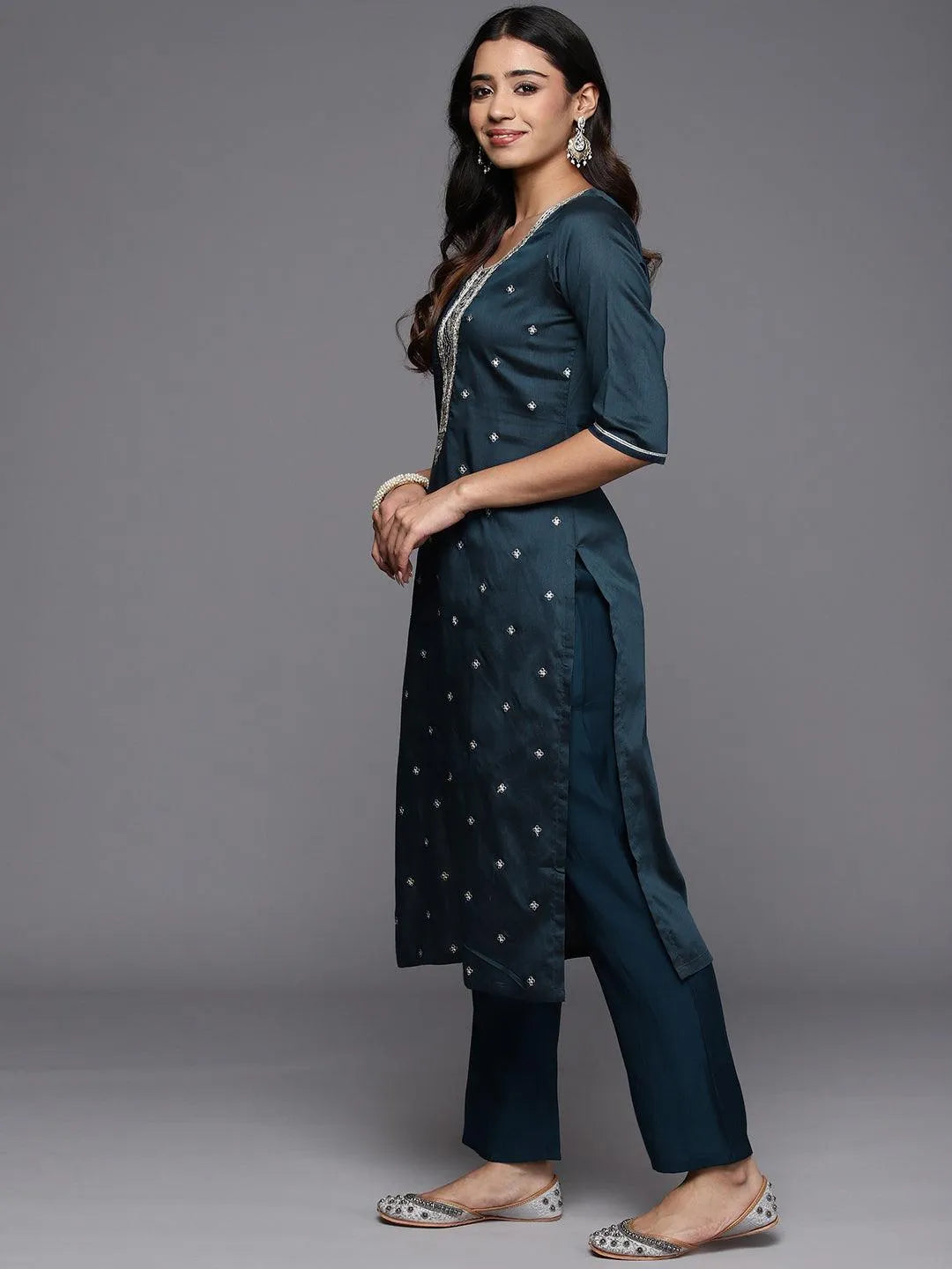 Gerua Blue Embroidered Silk Blend Straight Suit With Dupatta