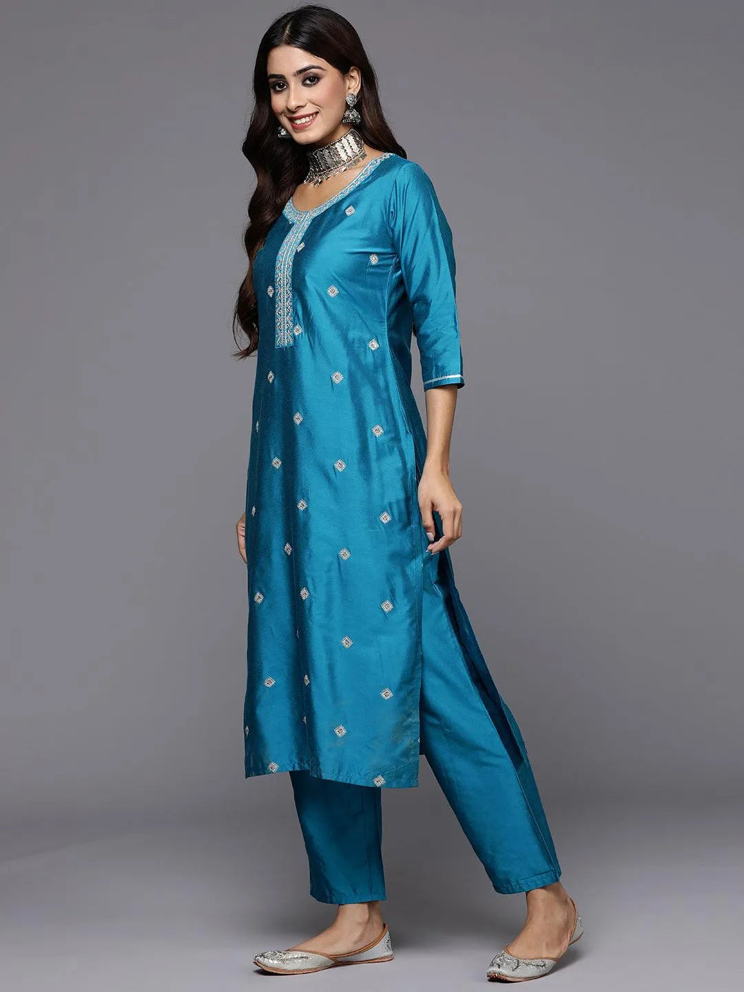 Gerua Blue Embroidered Silk Blend Straight Suit With Dupatta
