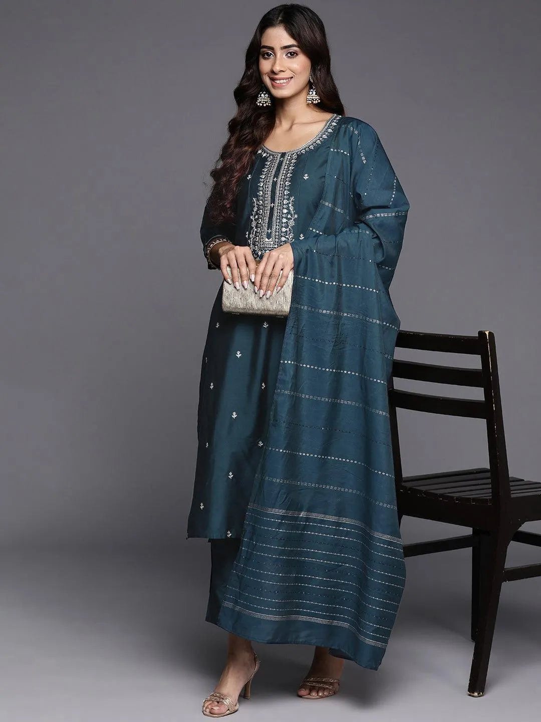 Gerua Blue Embroidered Silk Blend Straight Suit With Dupatta