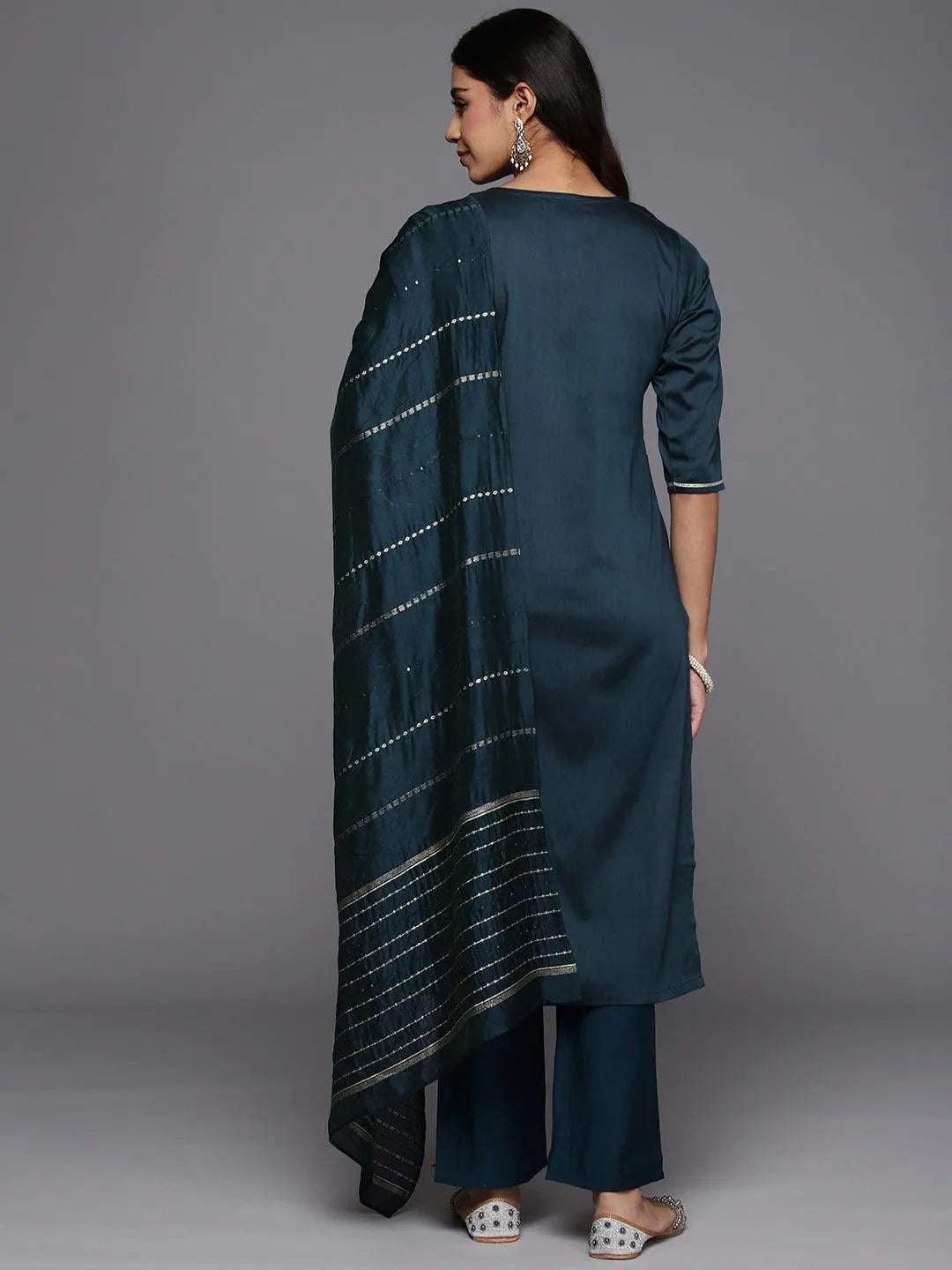 Gerua Blue Embroidered Silk Blend Straight Suit With Dupatta