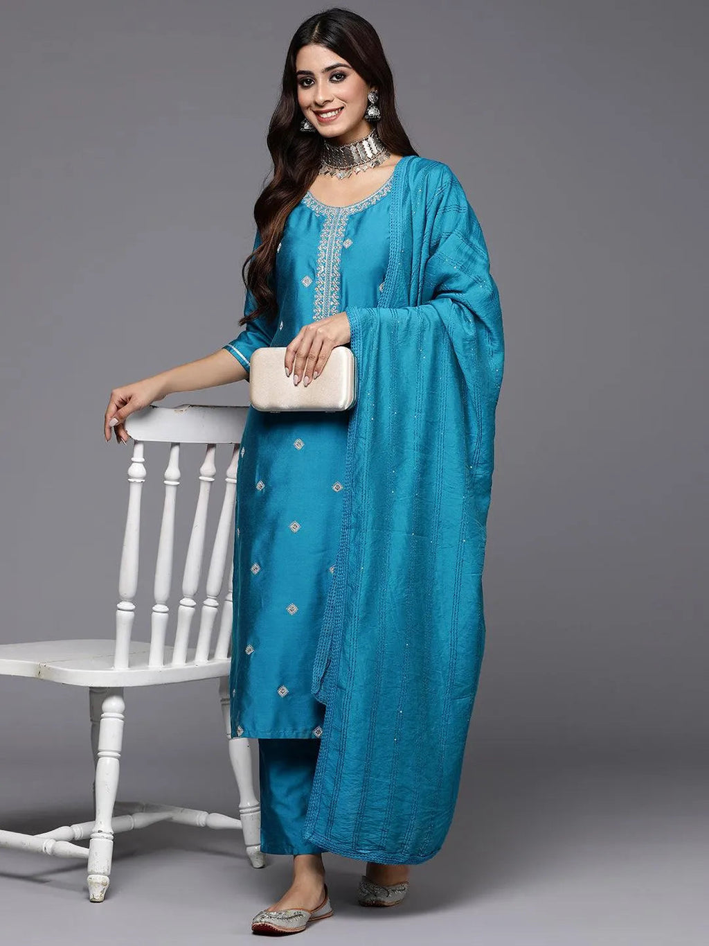 Gerua Blue Embroidered Silk Blend Straight Suit With Dupatta