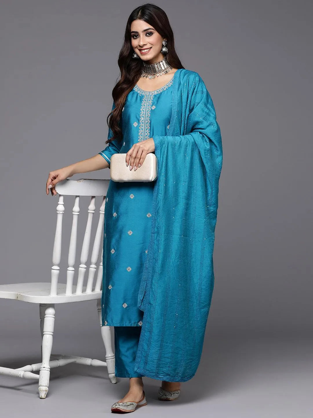 Gerua Blue Embroidered Silk Blend Straight Suit With Dupatta