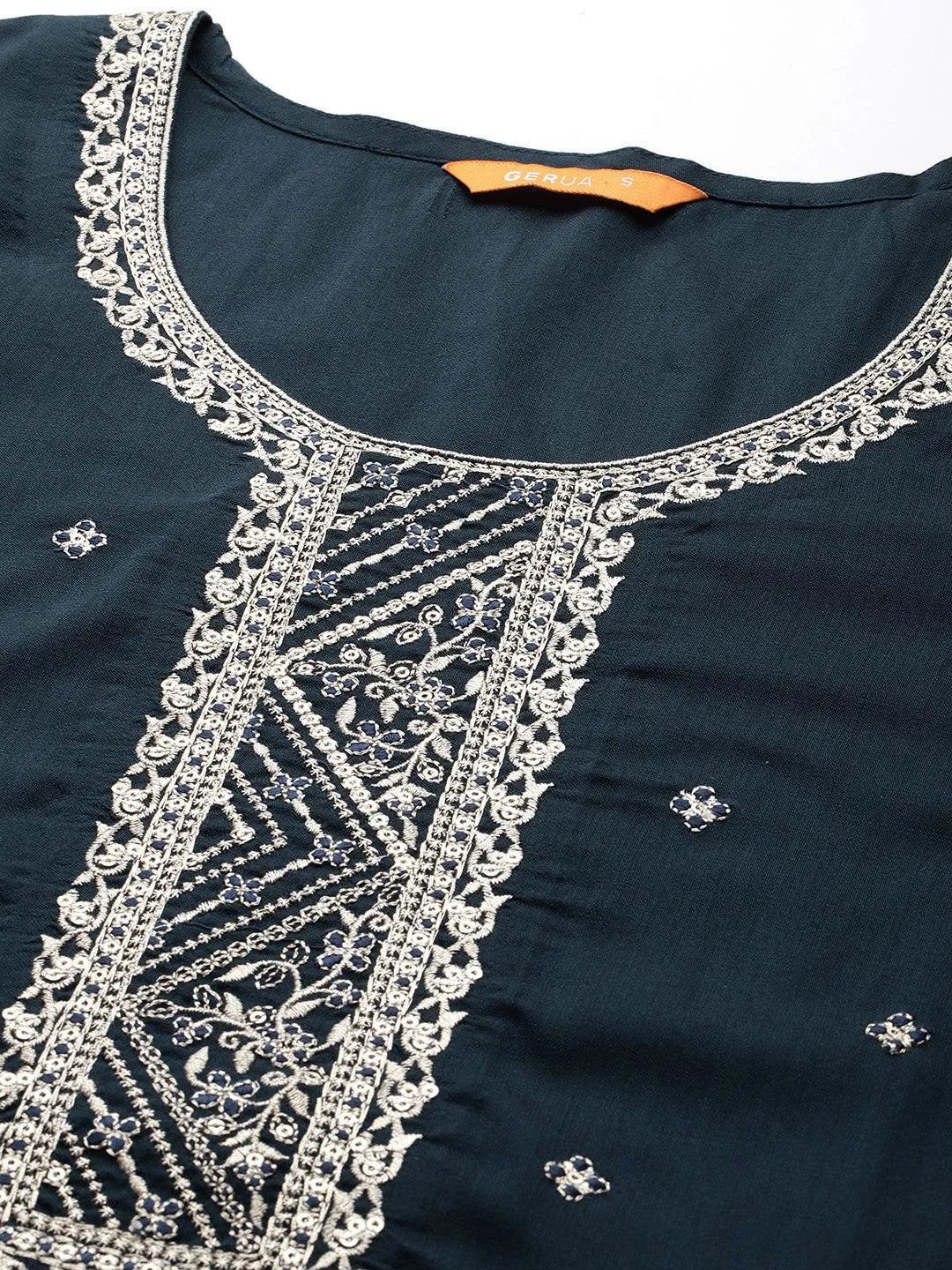 Gerua Blue Embroidered Silk Blend Straight Suit With Dupatta