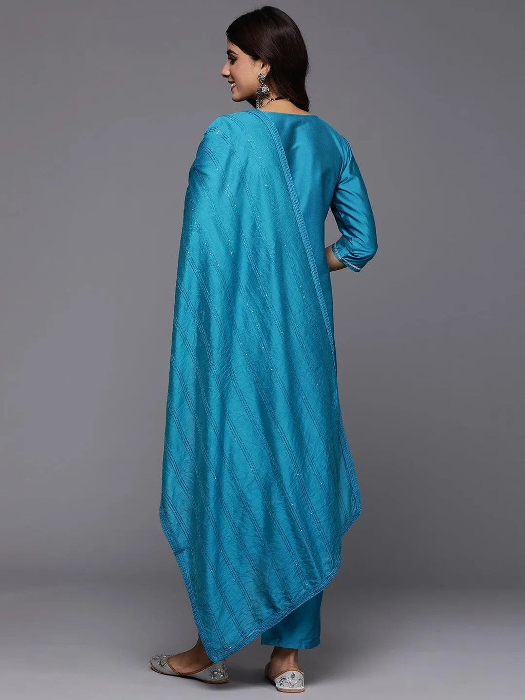 Gerua Blue Embroidered Silk Blend Straight Suit With Dupatta