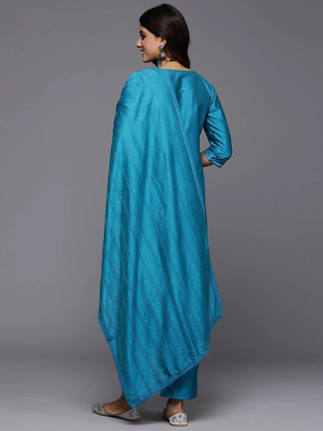 Gerua Blue Embroidered Silk Blend Straight Suit With Dupatta