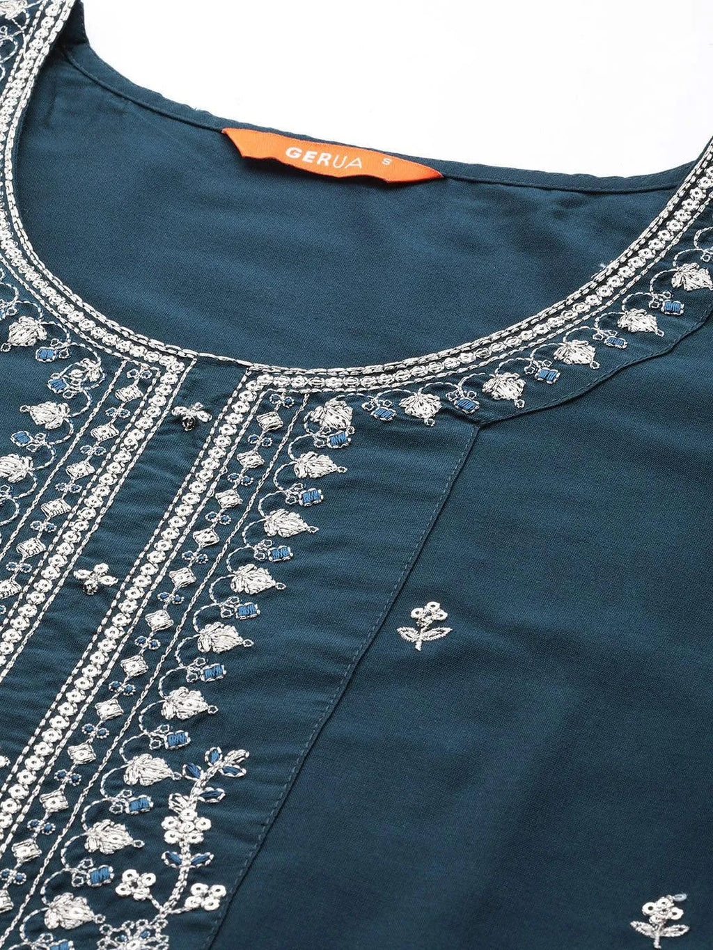 Gerua Blue Embroidered Silk Blend Straight Suit With Dupatta