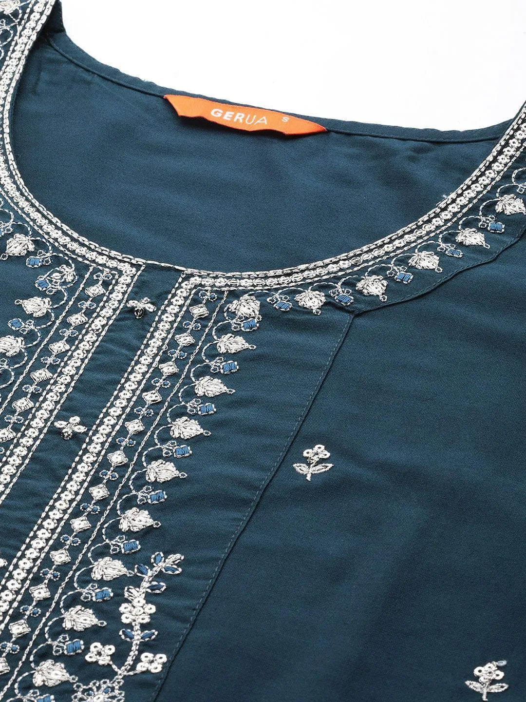 Gerua Blue Embroidered Silk Blend Straight Suit With Dupatta
