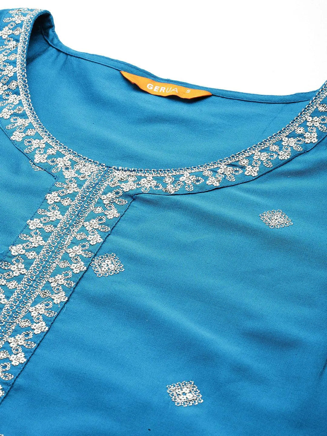 Gerua Blue Embroidered Silk Blend Straight Suit With Dupatta