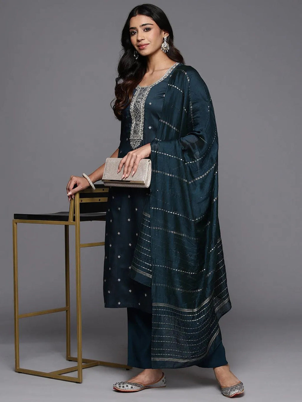 Gerua Blue Embroidered Silk Blend Straight Suit With Dupatta
