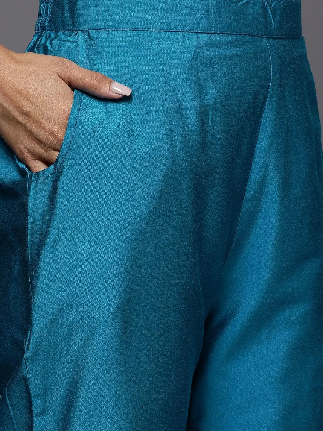 Gerua Blue Embroidered Silk Blend Straight Suit With Dupatta