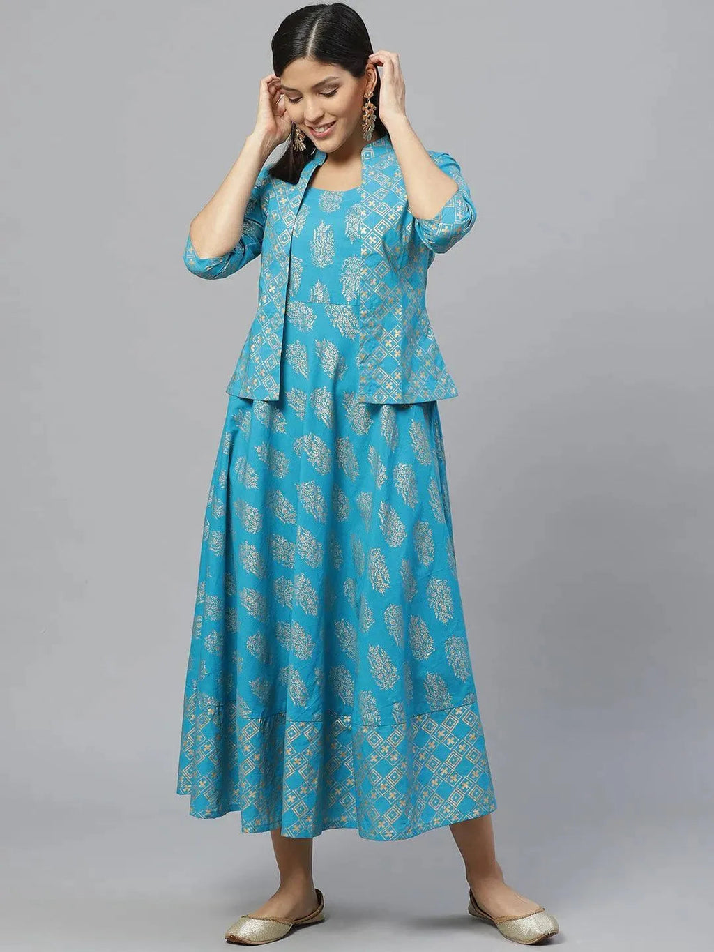 Libas Blue Printed Rayon Jacket Dress With Mask