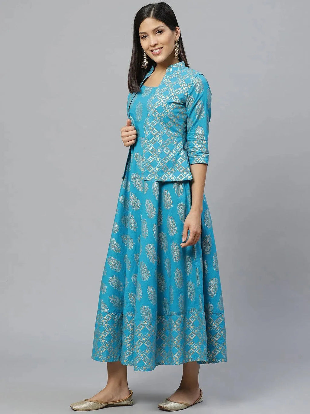 Libas Blue Printed Rayon Jacket Dress With Mask