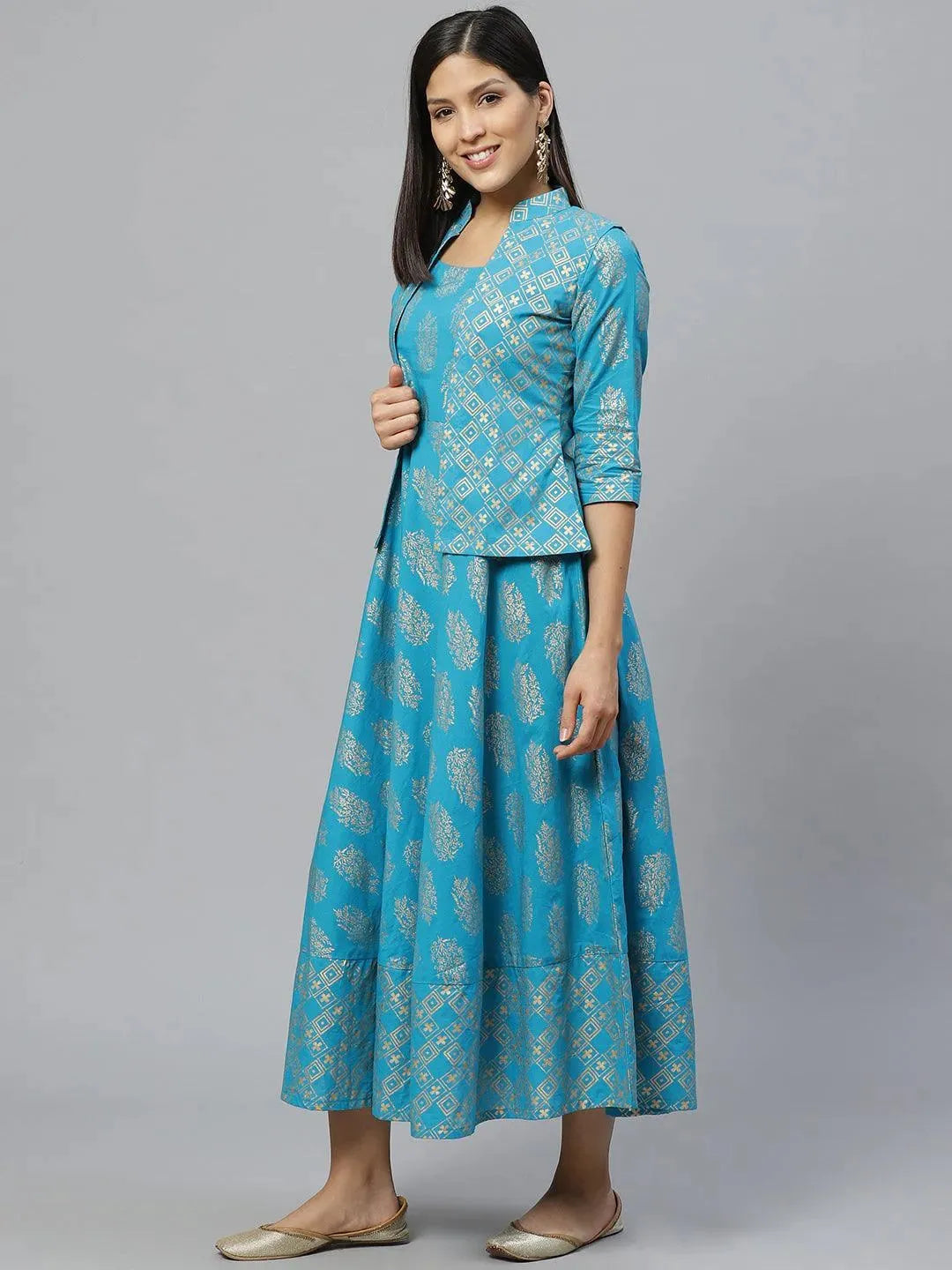 Libas Blue Printed Rayon Jacket Dress With Mask