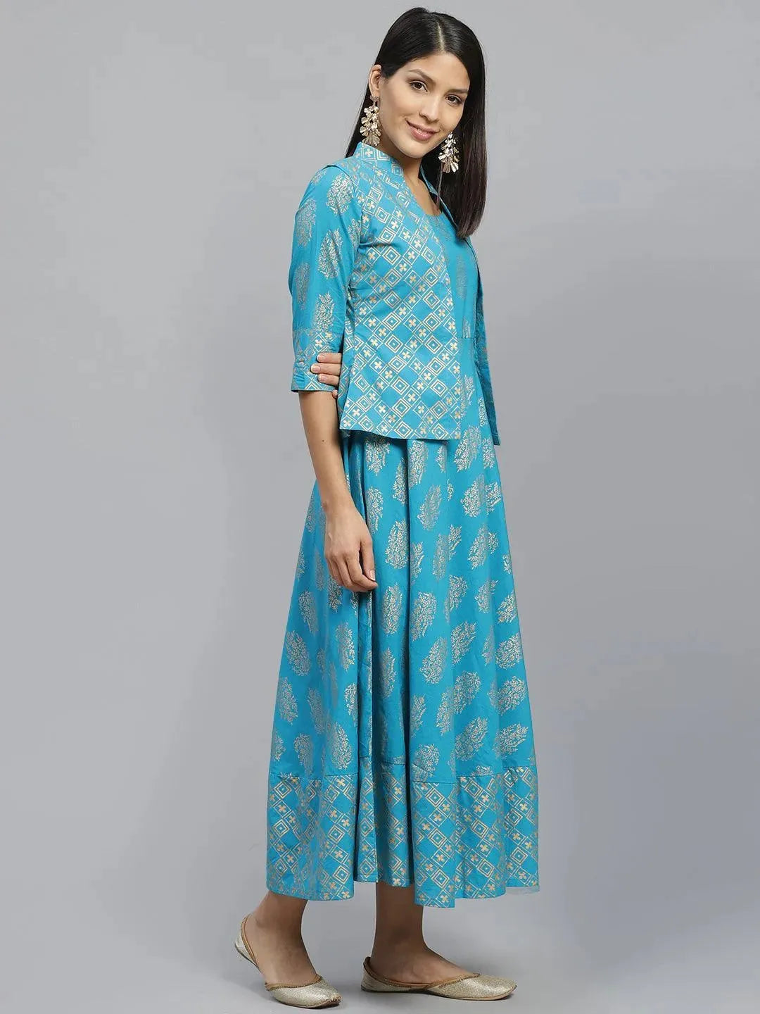 Libas Blue Printed Rayon Jacket Dress With Mask