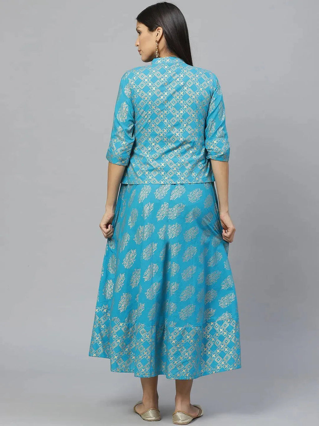 Libas Blue Printed Rayon Jacket Dress With Mask