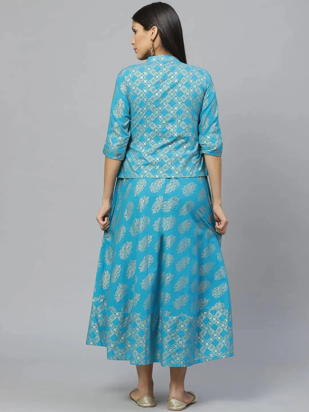 Libas Blue Printed Rayon Jacket Dress With Mask