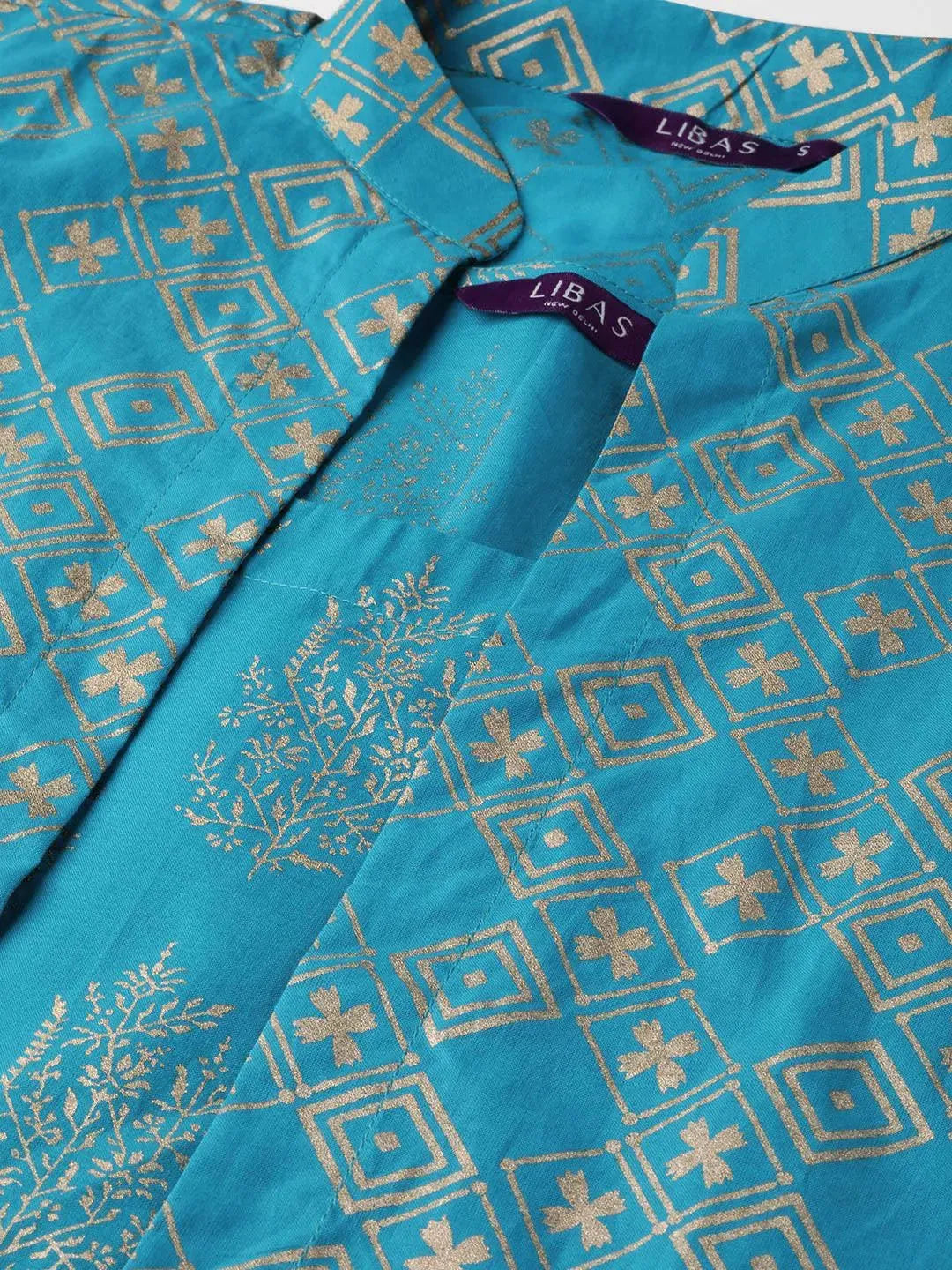 Libas Blue Printed Rayon Jacket Dress With Mask