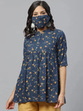 Libas Blue Printed Rayon Kurti With Mask