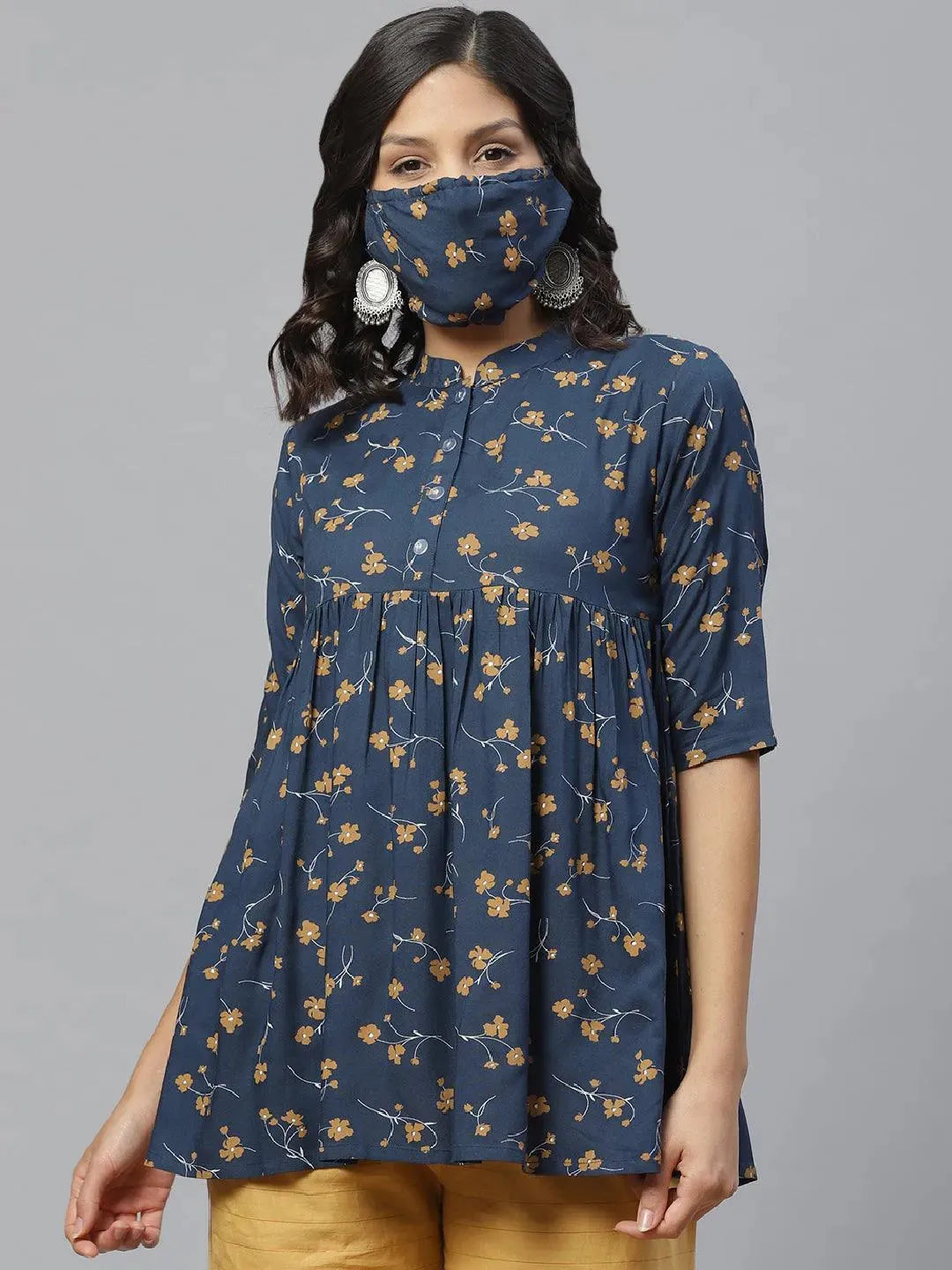 Libas Blue Printed Rayon Kurti With Mask