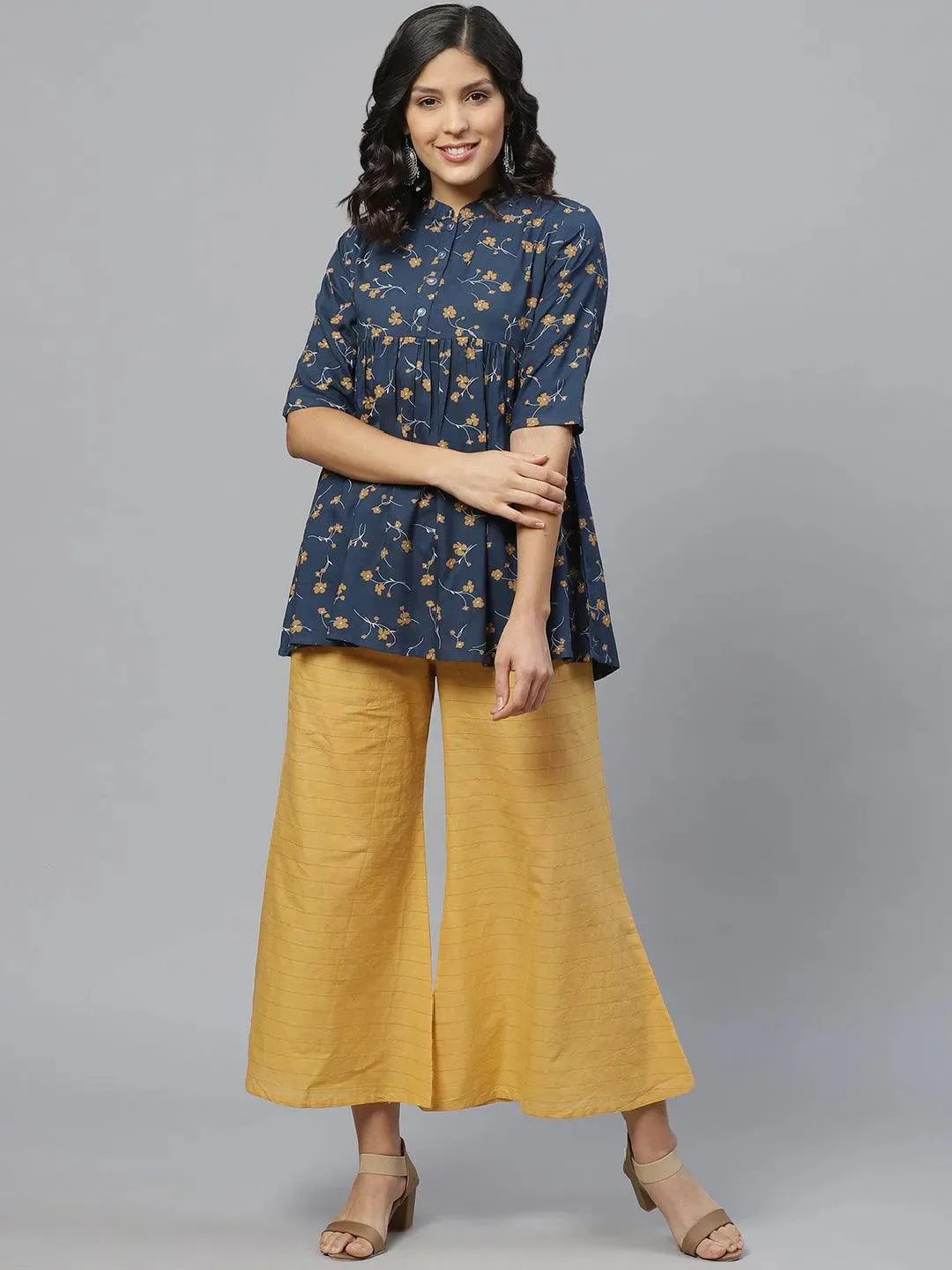 Libas Blue Printed Rayon Kurti With Mask