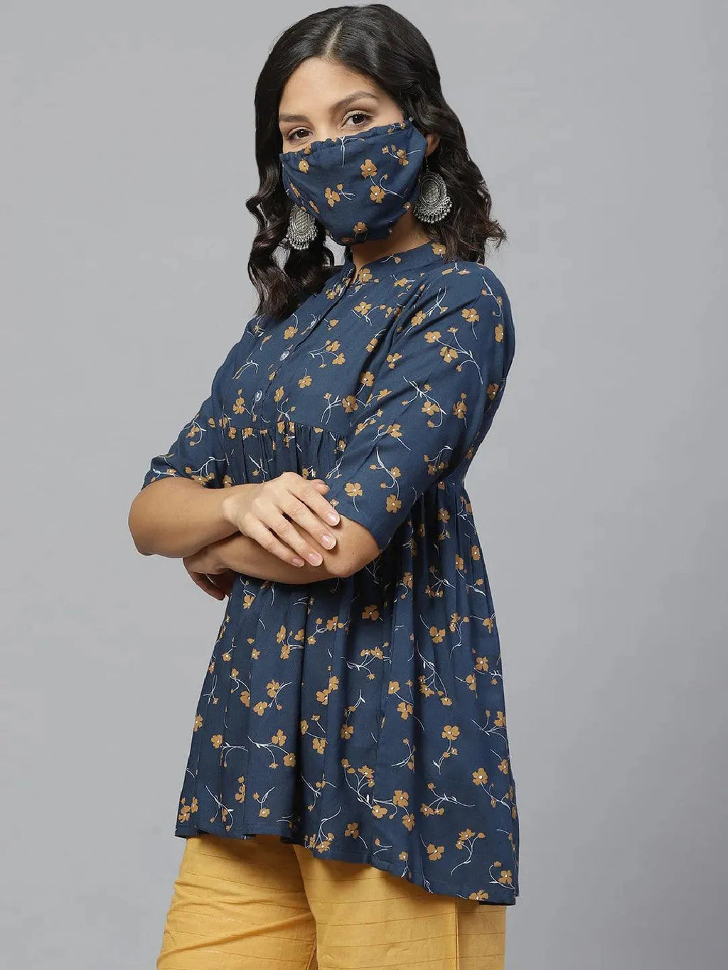 Libas Blue Printed Rayon Kurti With Mask